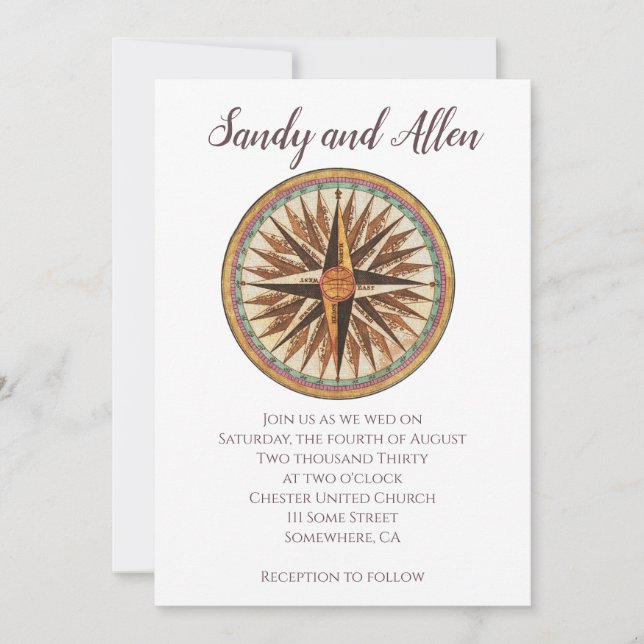 Vintage Nautical  Compass Custom Wedding Invitation (Front)