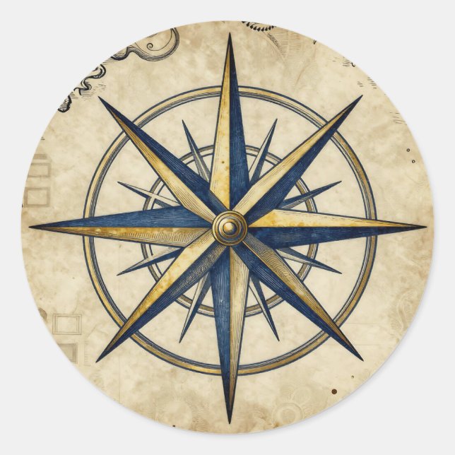 Vintage Nautical Compass Rose Classic Round Sticker (Front)