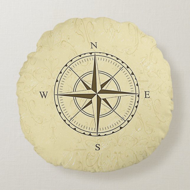 Vintage Nautical Compass Rose Ivory Round Pillow (Front)