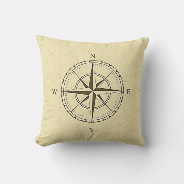 Vintage Nautical Compass Rose Ivory Throw Pillow (Front)