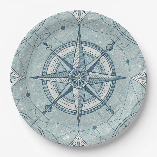 Vintage Nautical Compass Rose Pattern Paper Plate (Front)