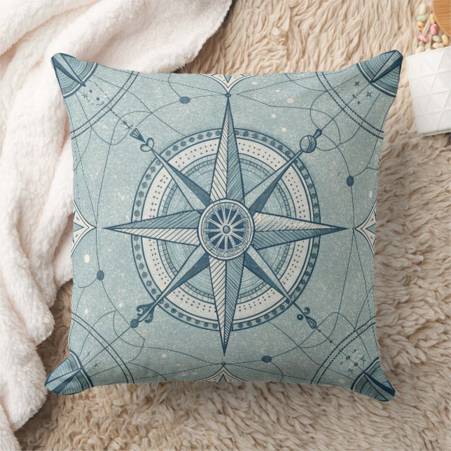Vintage Nautical Compass Rose Pattern Throw Pillow (Blanket)