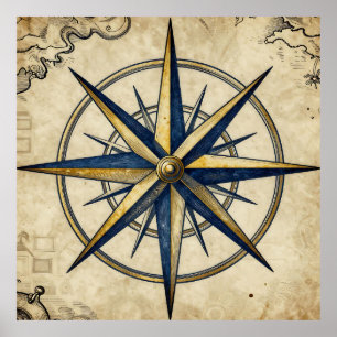 Vintage Nautical Compass Rose Poster