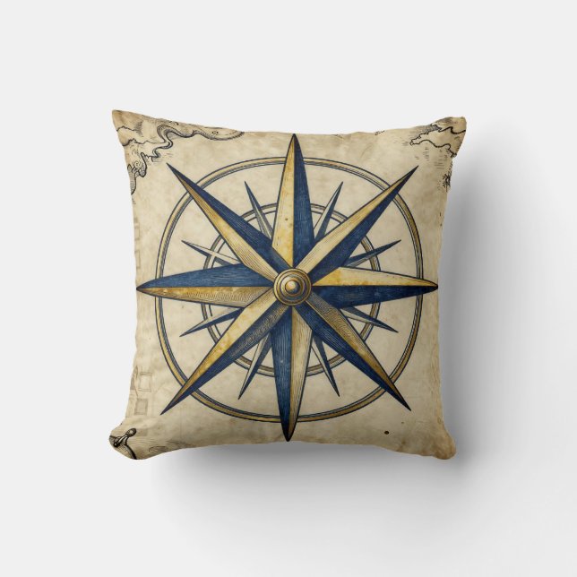 Vintage Nautical Compass Rose Throw Pillow (Front)