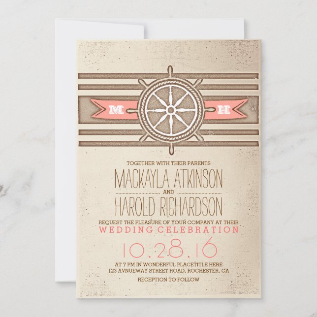 vintage nautical coral wedding invitation (Front)