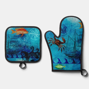 Vintage Nautical Deep Blue Sea Oven Mitt & Pot Holder Set