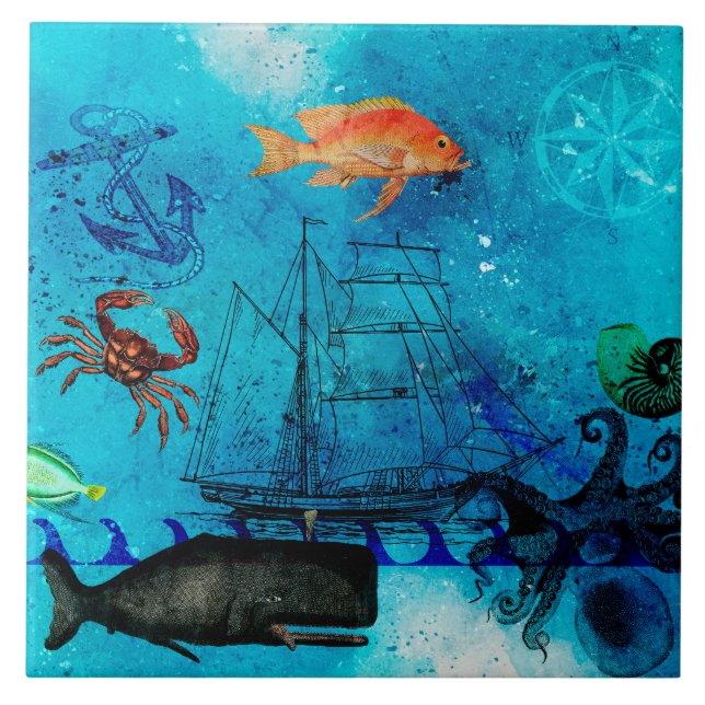 Vintage Nautical Deep Blue Sea Tile (Front)