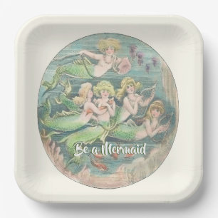 Vintage Nautical Fantasy Mermaids, square Paper Plate