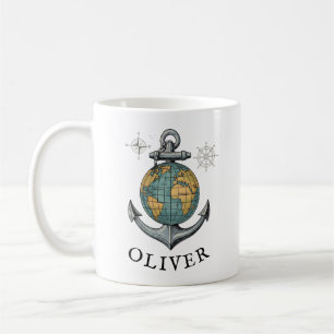 Vintage Nautical Globe & Anchor Coffee Mug
