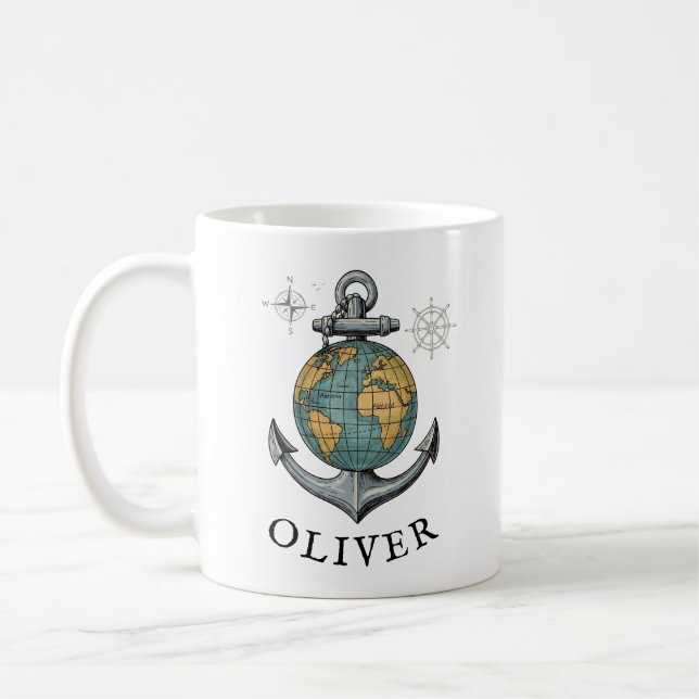 Vintage Nautical Globe & Anchor Coffee Mug (Left)