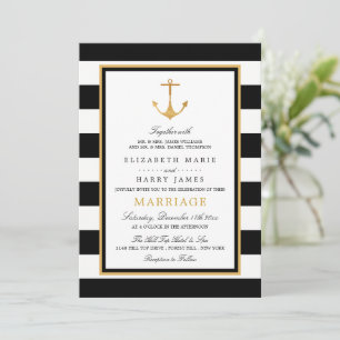 Vintage Nautical Gold Anchor, Black & Gold Wedding Invitation