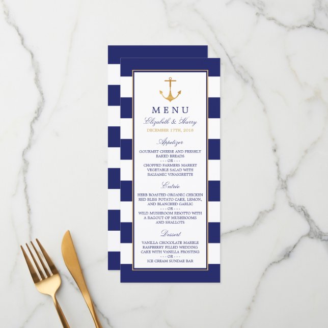 Vintage Nautical Gold Anchor, Navy & Gold Wedding Menu (Front/Back In Situ)