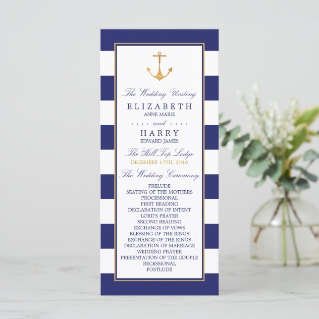 Vintage Nautical Gold Anchor, Navy & Gold Wedding Program (Standing Front)