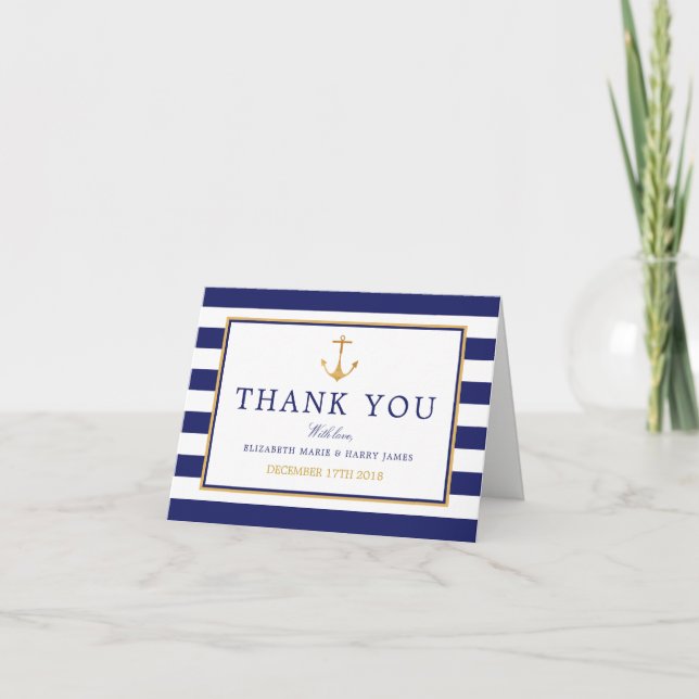 Vintage Nautical Gold Anchor, Navy & Gold Wedding  Thank You Card (Front)