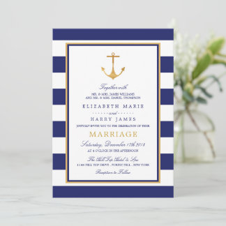 Vintage Nautical Gold Anchor Wedding Invitation