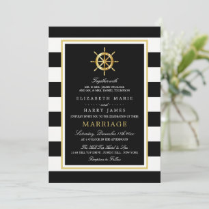 Vintage Nautical Gold Wheel, Black & Gold Wedding Invitation