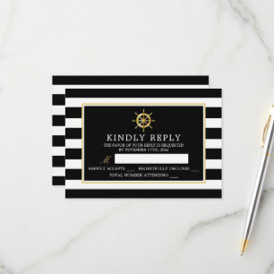 Vintage Nautical Gold Wheel, Black & Gold Wedding RSVP Card