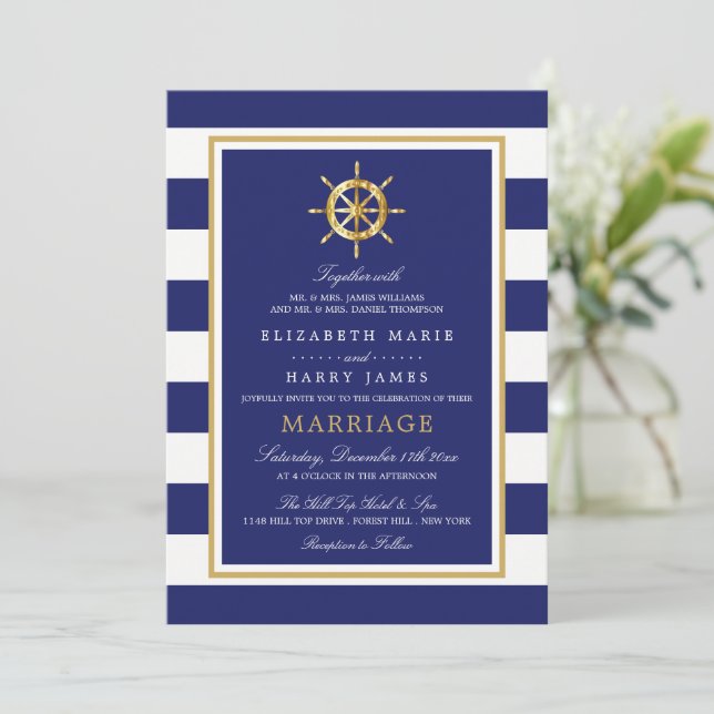 Vintage Nautical Gold Wheel, Navy & Gold Wedding Invitation (Standing Front)
