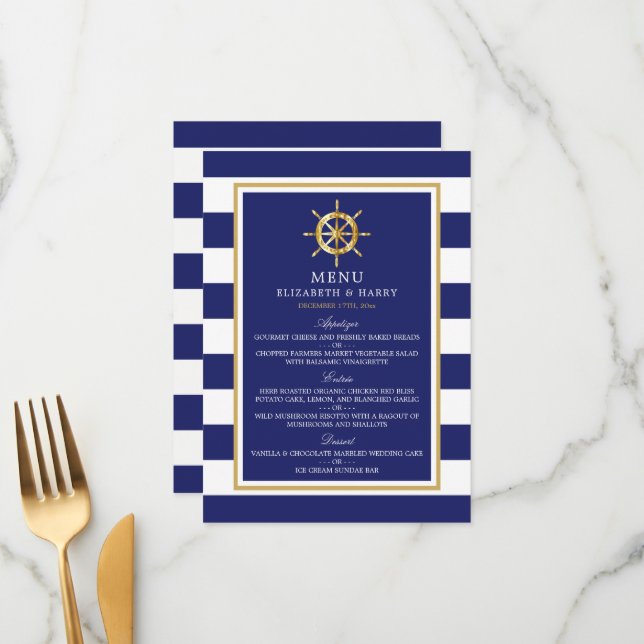 Vintage Nautical Gold Wheel, Navy & Gold Wedding Menu (Front/Back In Situ)