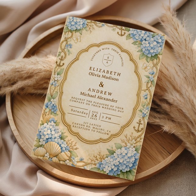 Vintage Nautical Hydrangea Wedding Invitation (Creator Uploaded)