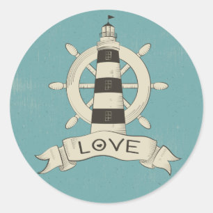 Vintage Nautical Lighthouse & Ship Anchor Teal Classic Round Sticker