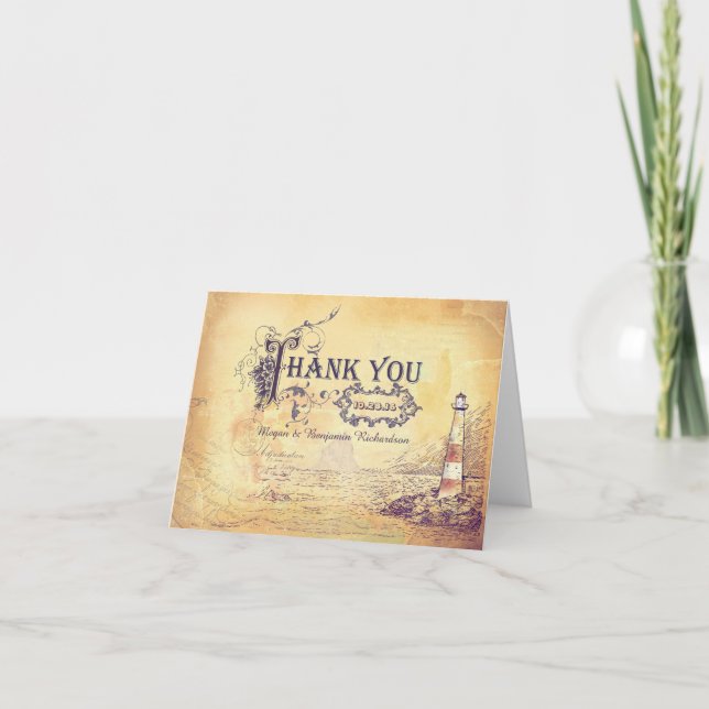 Vintage nautical lighthouse wedding thank you card (Front)