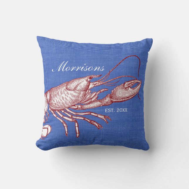 Vintage Nautical Lobster Monogram Beach House Throw Pillow (Front)