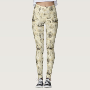 Vintage Nautical Map Pattern with Ships & Compass Leggings