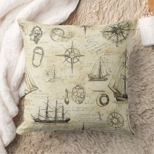 Vintage Nautical Map Pattern with Ships & Compass Throw Pillow