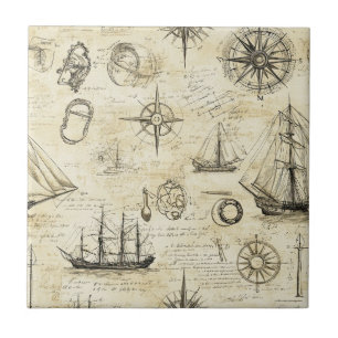 Vintage Nautical Map Pattern with Ships & Compass Tile