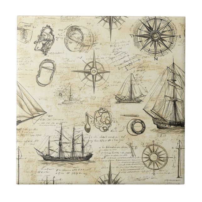 Vintage Nautical Map Pattern with Ships & Compass Tile (Front)