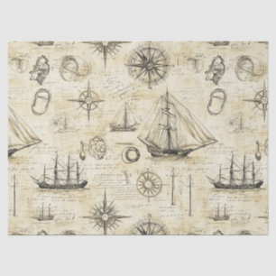 Vintage Nautical Map Pattern with Ships & Compass Tissue Paper