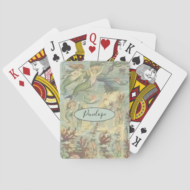 Vintage Nautical Mermaids and Your Name Playing Cards (Back)