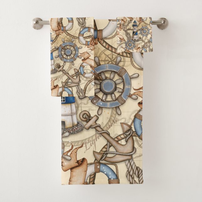 Vintage Nautical Navigation Map Collage Bath Towel Set (Insitu)