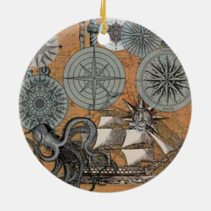 Vintage Nautical Octopus Sailing Art Print Graphic Ceramic Ornament