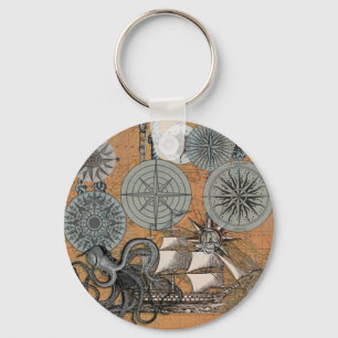 Vintage Nautical Octopus Sailing Art Print Graphic Keychain
