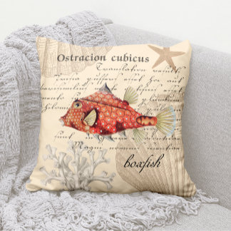 Vintage Nautical Orange Boxfish Illustration Throw Pillow