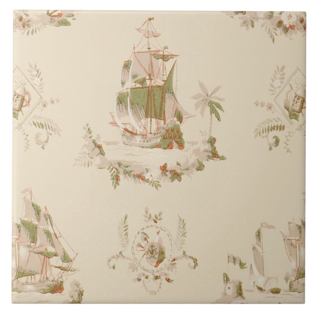 Vintage Nautical Pirate Ships Pattern Tile (Front)