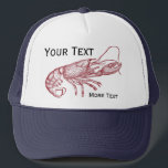 Vintage Nautical Red Lobster Custom Beach House Trucker Hat<br><div class="desc">Celebrate the seaside and summer with this vintage nautical red lobster design. A rustic red lobster illustration is set against a beautiful blue faux linen background. Add your custom monogram or text - family name, beach house name, year established, etc - or delete text if you'd like. Perfect for the...</div>