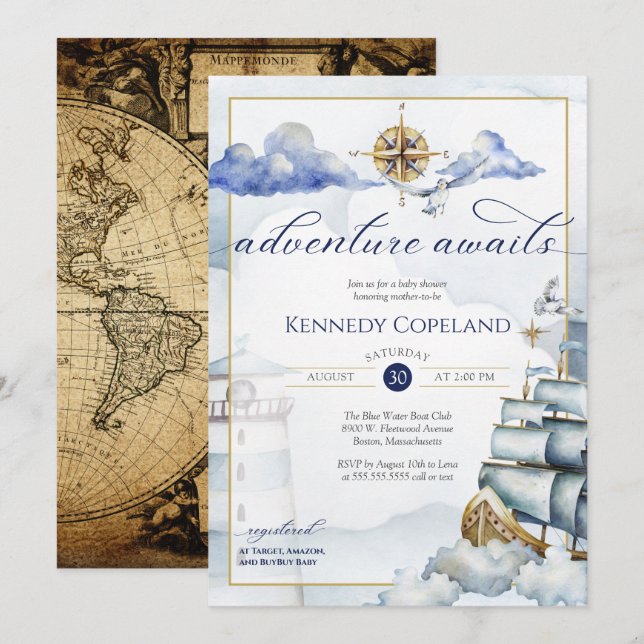 Vintage Nautical Sailing Adventure Boy Baby Shower Invitation (Front/Back)
