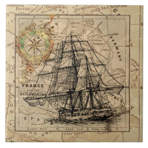 Vintage Nautical Sailing Ship Navigation Map Tile