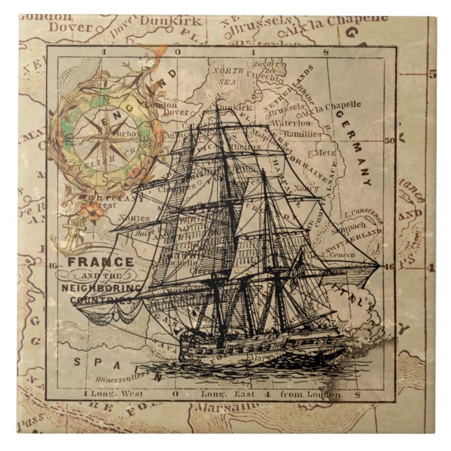 Vintage Nautical Sailing Ship Navigation Map Tile (Front)