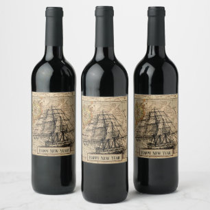 Vintage Nautical Sailing Ship Navigation Map Wine Label
