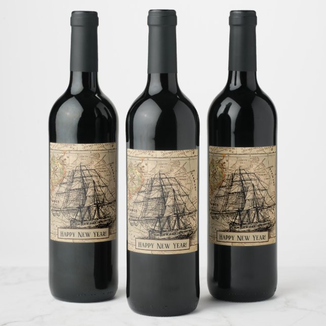 Vintage Nautical Sailing Ship Navigation Map Wine Label (Bottles)