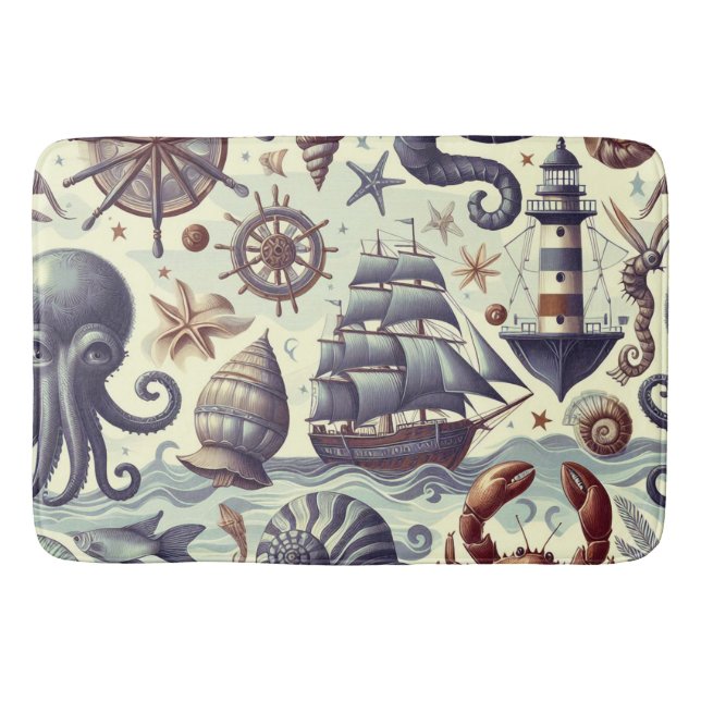 Vintage Nautical Sealife Illustration Bath Mat (Front)