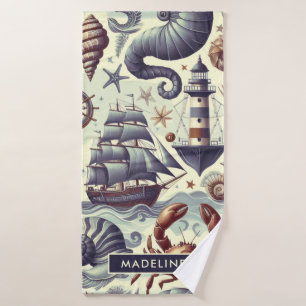 Vintage Nautical Sealife Illustration Bath Towel