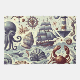 Vintage Nautical Sealife Illustration Kitchen Towel