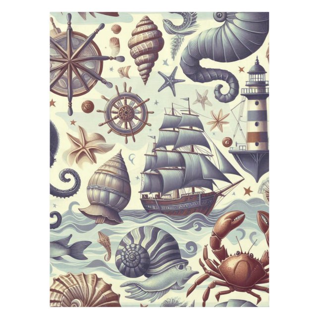 Vintage Nautical Sealife Illustration Tablecloth (Front)