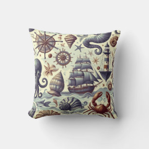 Vintage Nautical Sealife Illustration Throw Pillow