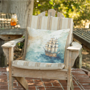 Vintage Nautical Ship Sailing the Ocean Outdoor Pillow